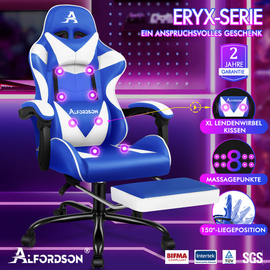 ALFORDSON Gaming Stuhl Büro Massage Computer Racing Sitz PU Leder Blau&Weiß