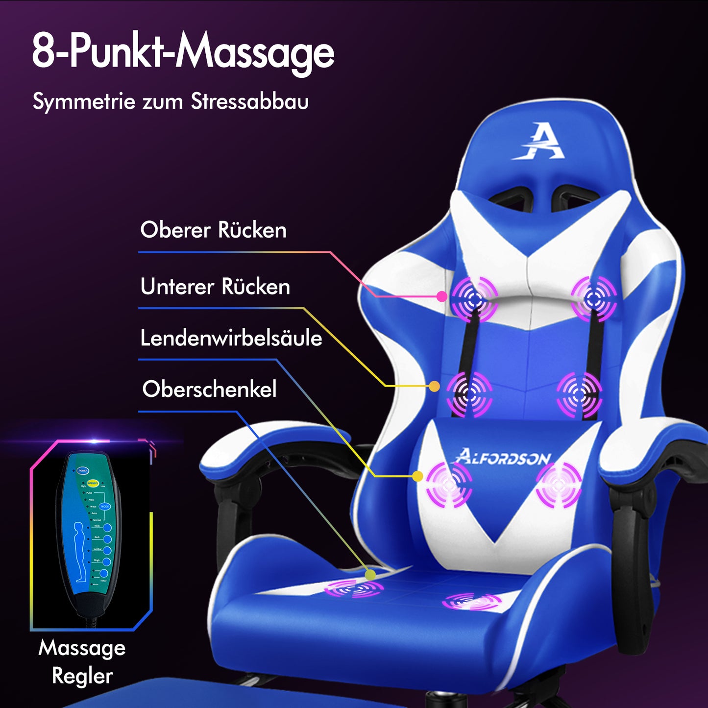 ALFORDSON Gaming Stuhl Büro Massage Computer Racing Sitz PU Leder Blau&Weiß