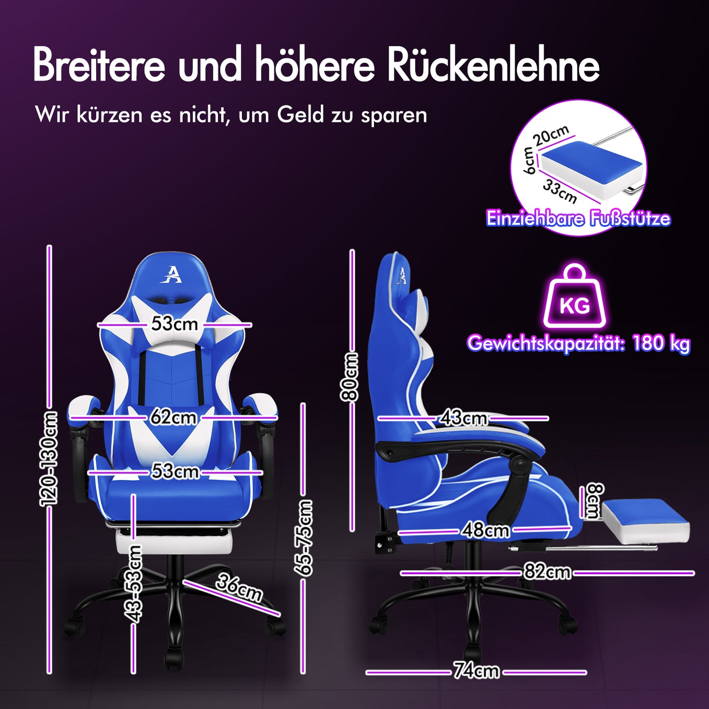 ALFORDSON Gaming Stuhl Büro Massage Computer Racing Sitz PU Leder Blau&Weiß