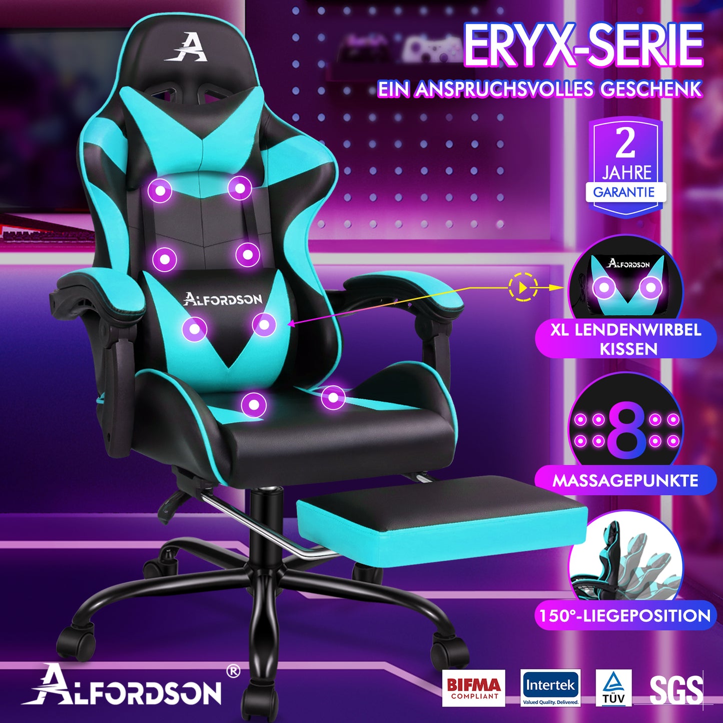 ALFORDSON Gaming Stuhl Büro Massage Computer Racing Sitz PU Leder CYAN