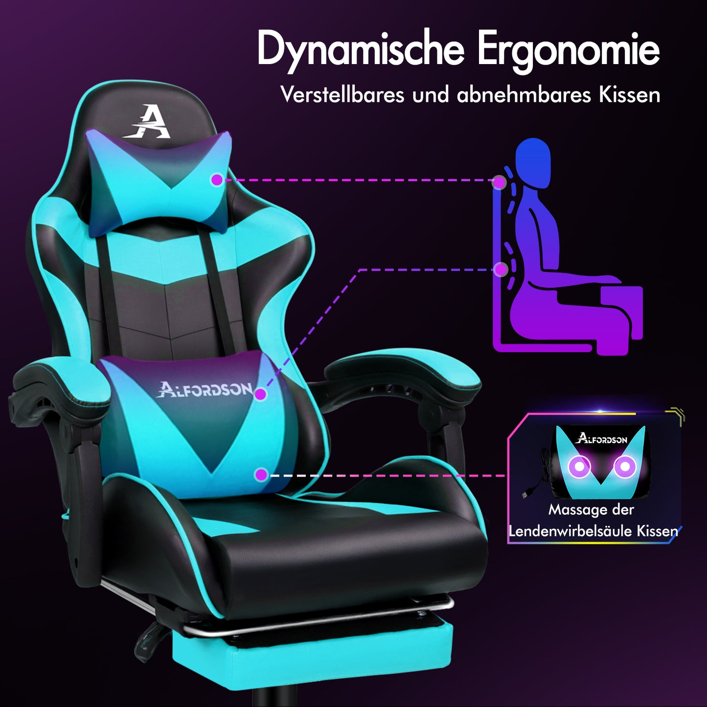 ALFORDSON Gaming Stuhl Büro Massage Computer Racing Sitz PU Leder CYAN