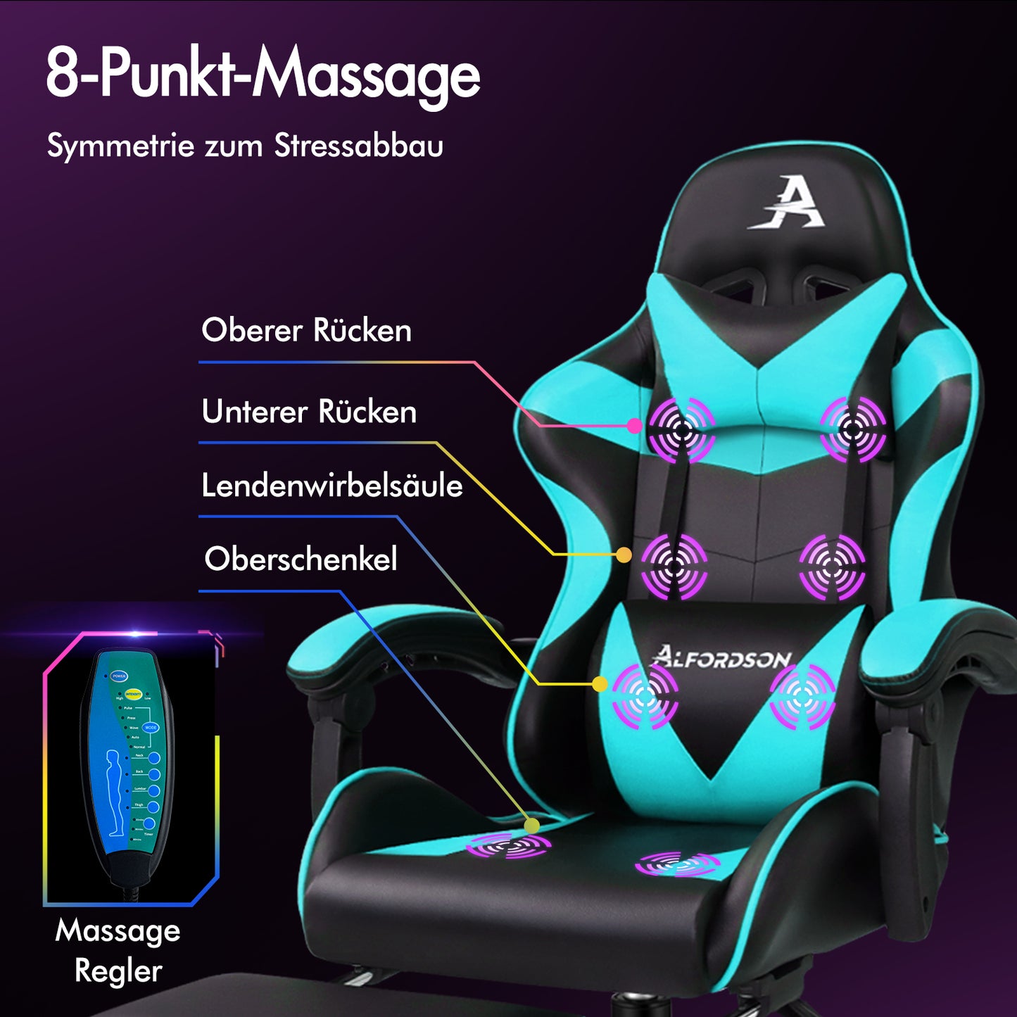 ALFORDSON Gaming Stuhl Büro Massage Computer Racing Sitz PU Leder CYAN