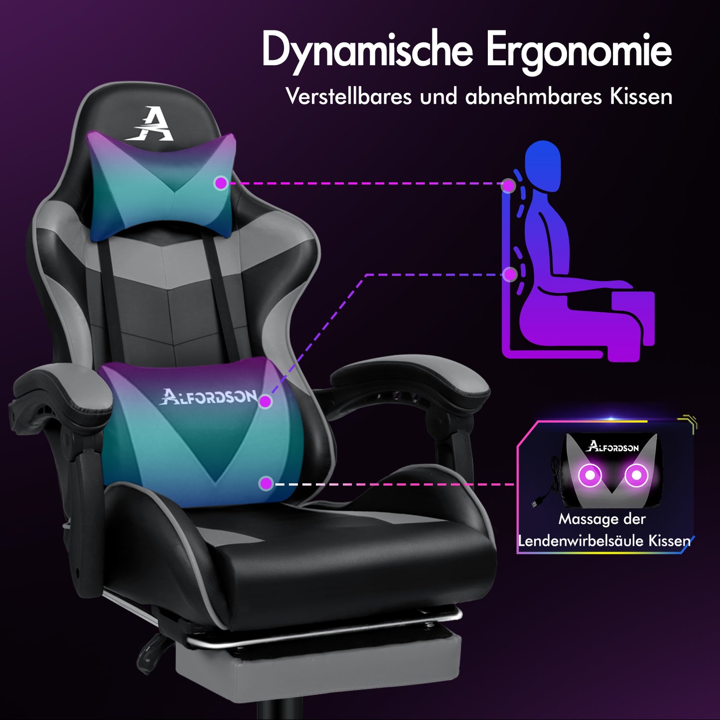 ALFORDSON Gaming Stuhl Büro Massage Computer Racing Sitz PU Leder Grau