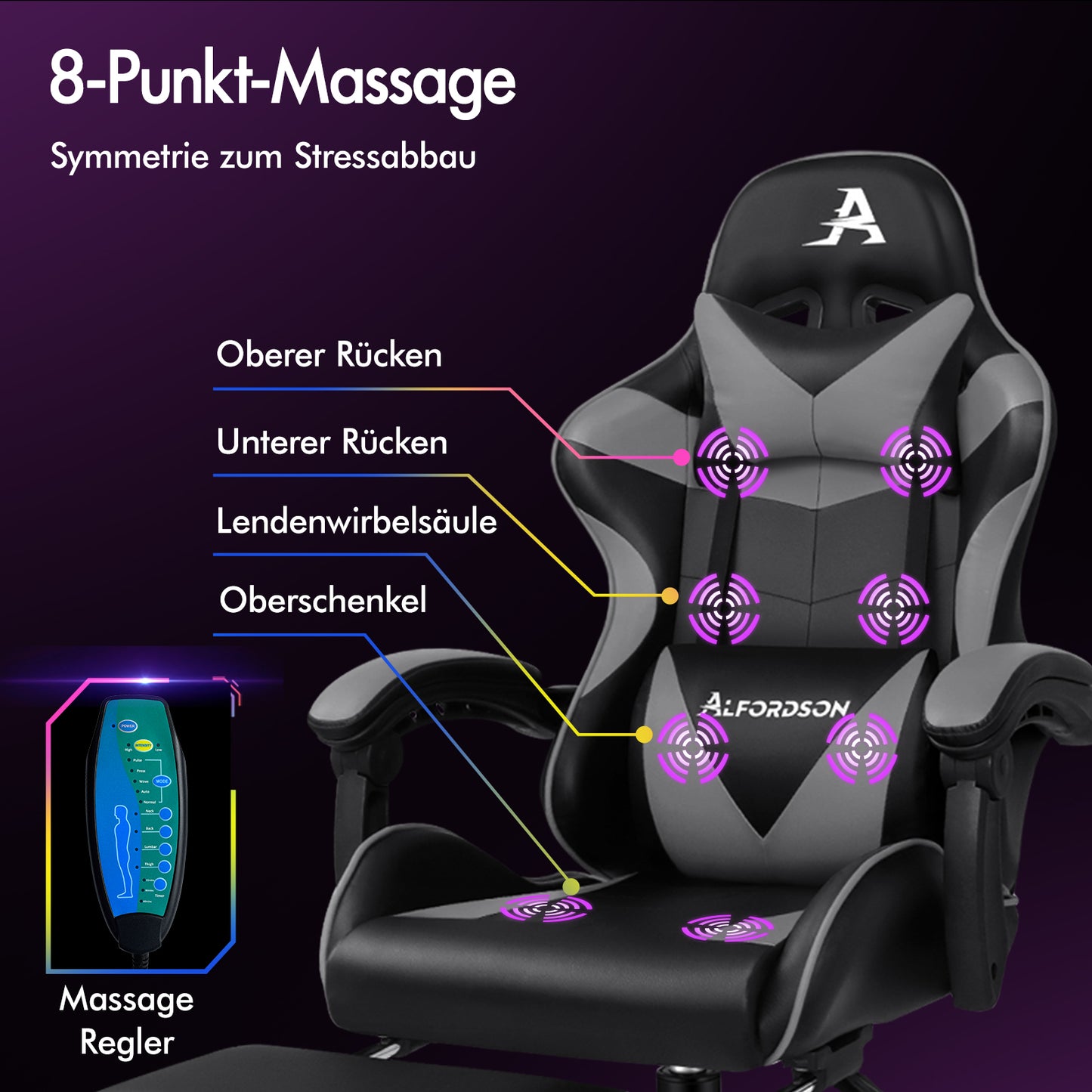 ALFORDSON Gaming Stuhl Büro Massage Computer Racing Sitz PU Leder Grau