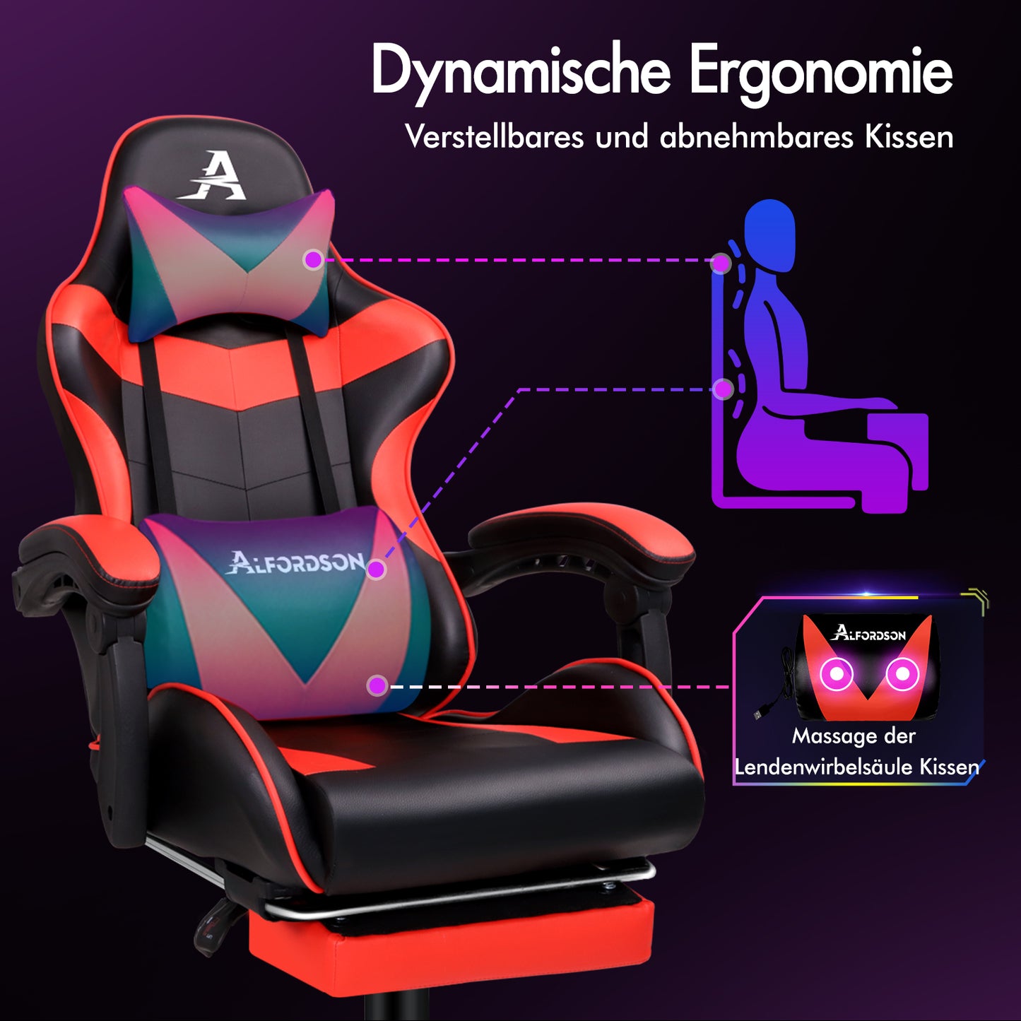 ALFORDSON Gaming Stuhl Büro Massage Computer Racing Sitz PU Leder Rot