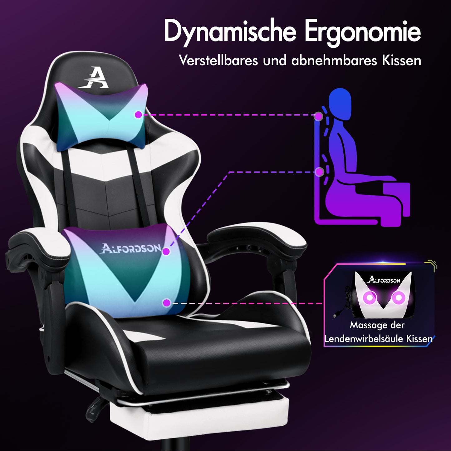 ALFORDSON Gaming Stuhl Büro Massage Computer Racing Sitz PU Leder Weiß