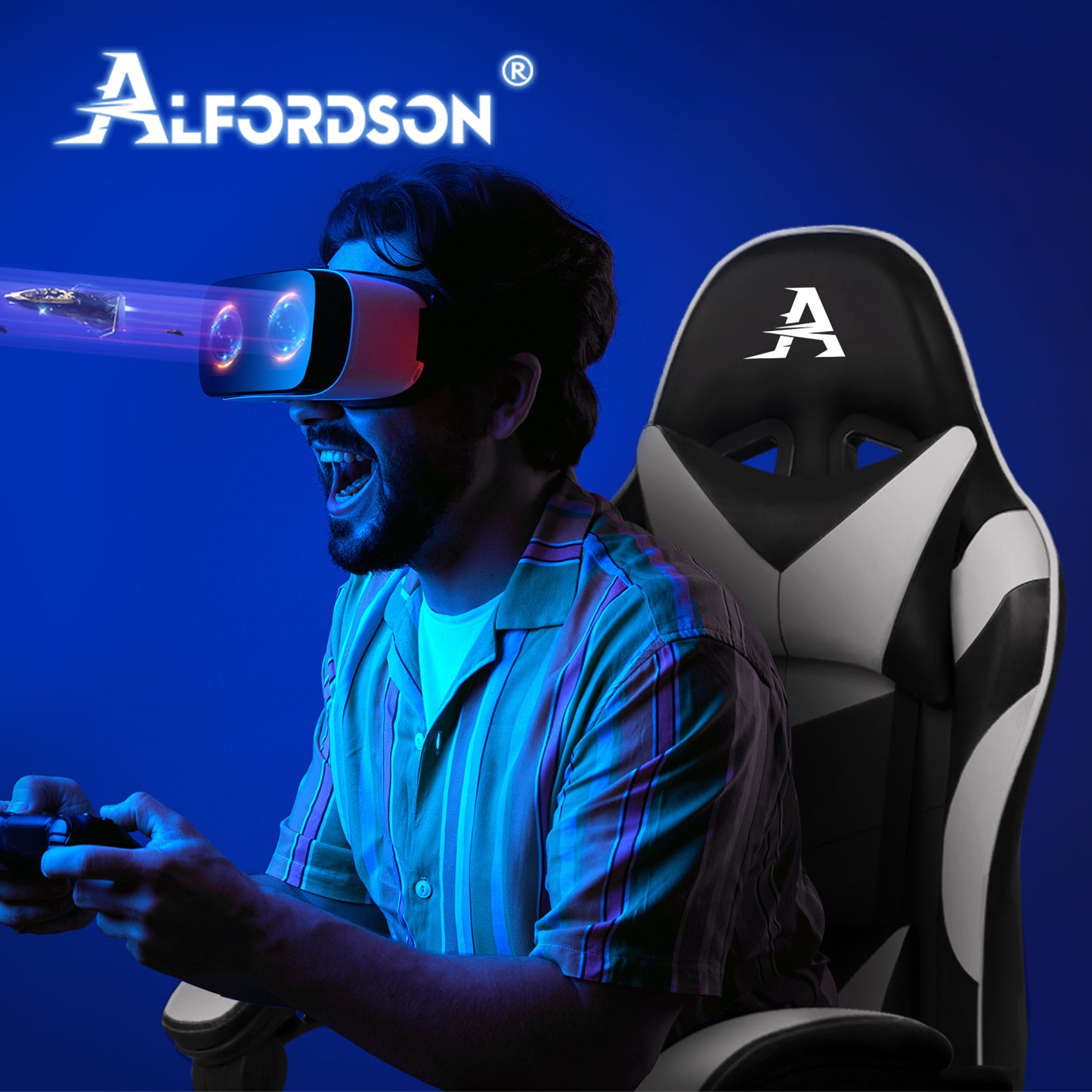 ALFORDSON Gaming Stuhl Büro Massage Computer Racing Sitz PU Leder Weiß