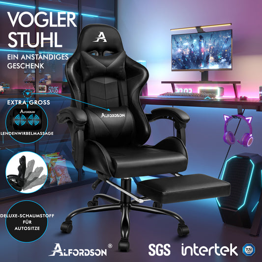 ALFORDSON Gaming Stuhl Bürostuhl Racing Stuhl Fußstütze Sitz PU Leder Schwarz