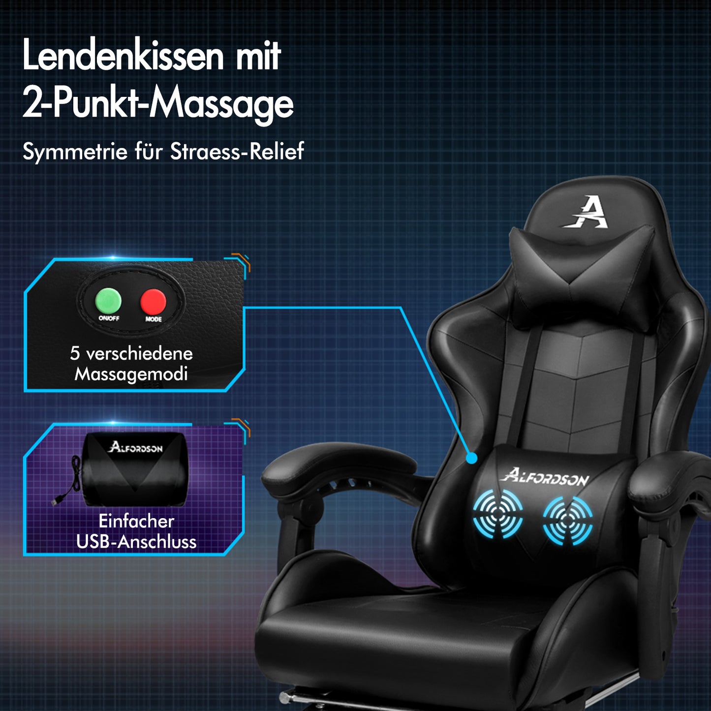 ALFORDSON Gaming Stuhl Bürostuhl Racing Stuhl Fußstütze Sitz PU Leder Schwarz