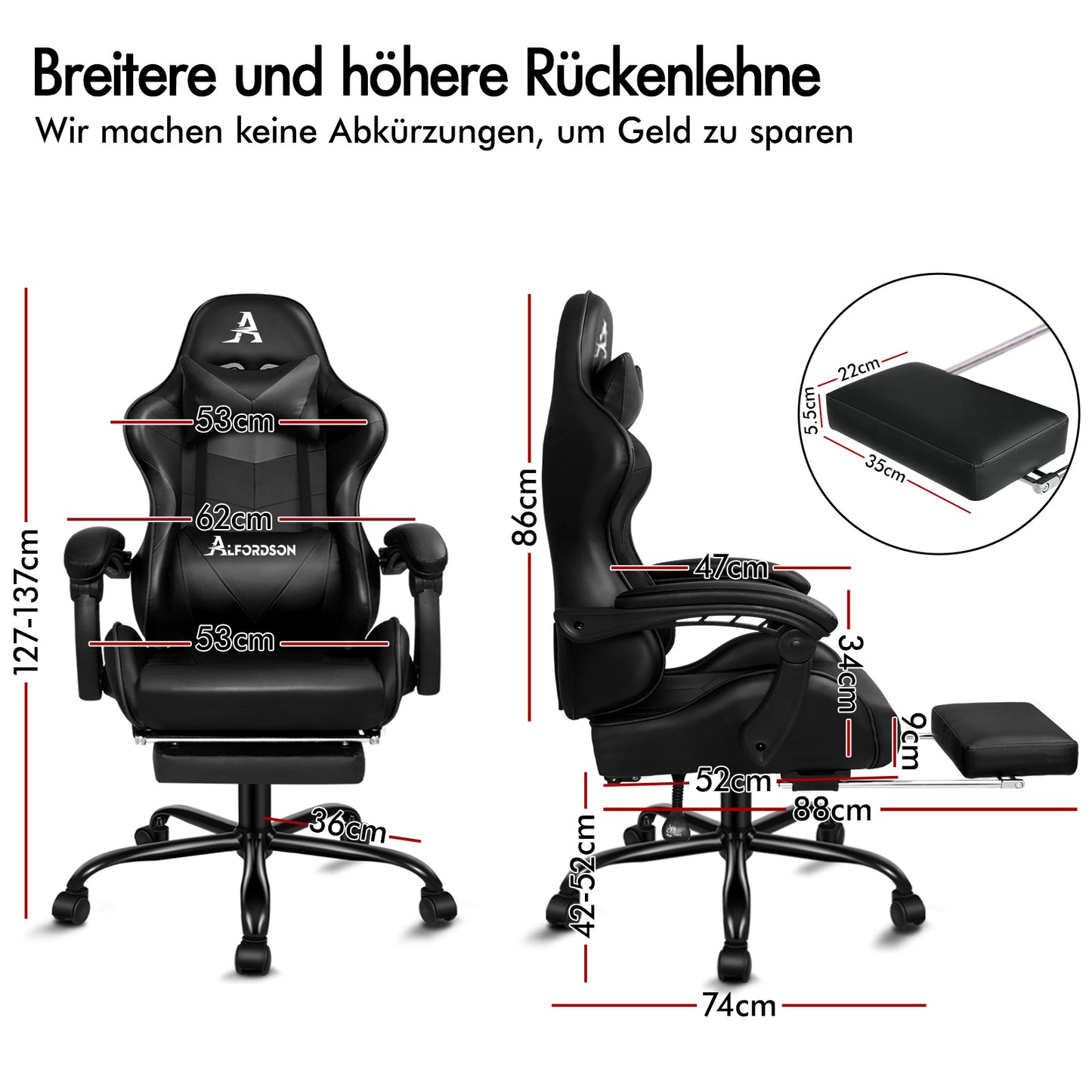 ALFORDSON Gaming Stuhl Bürostuhl Racing Stuhl Fußstütze Sitz PU Leder Schwarz