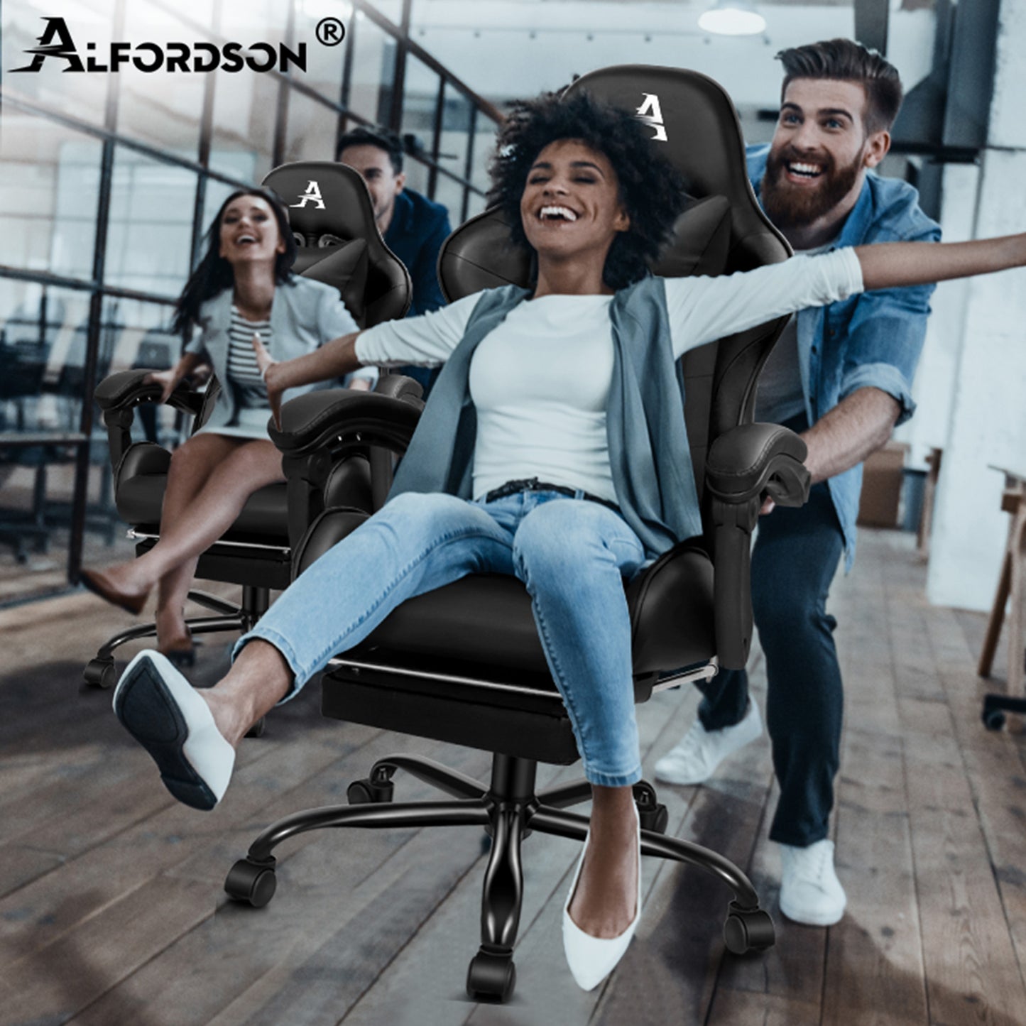 ALFORDSON Gaming Stuhl Bürostuhl Racing Stuhl Fußstütze Sitz PU Leder Schwarz