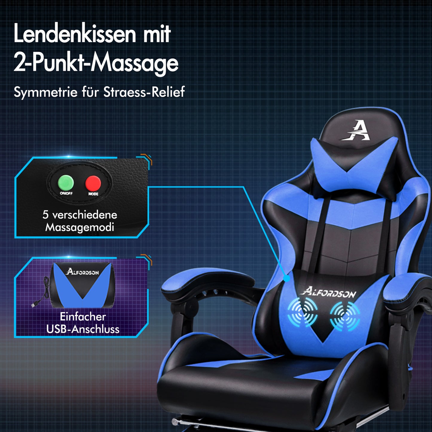 ALFORDSON Gaming Stuhl Bürostuhl Racing Stuhl Fußstütze Sitz PU Leder Blau