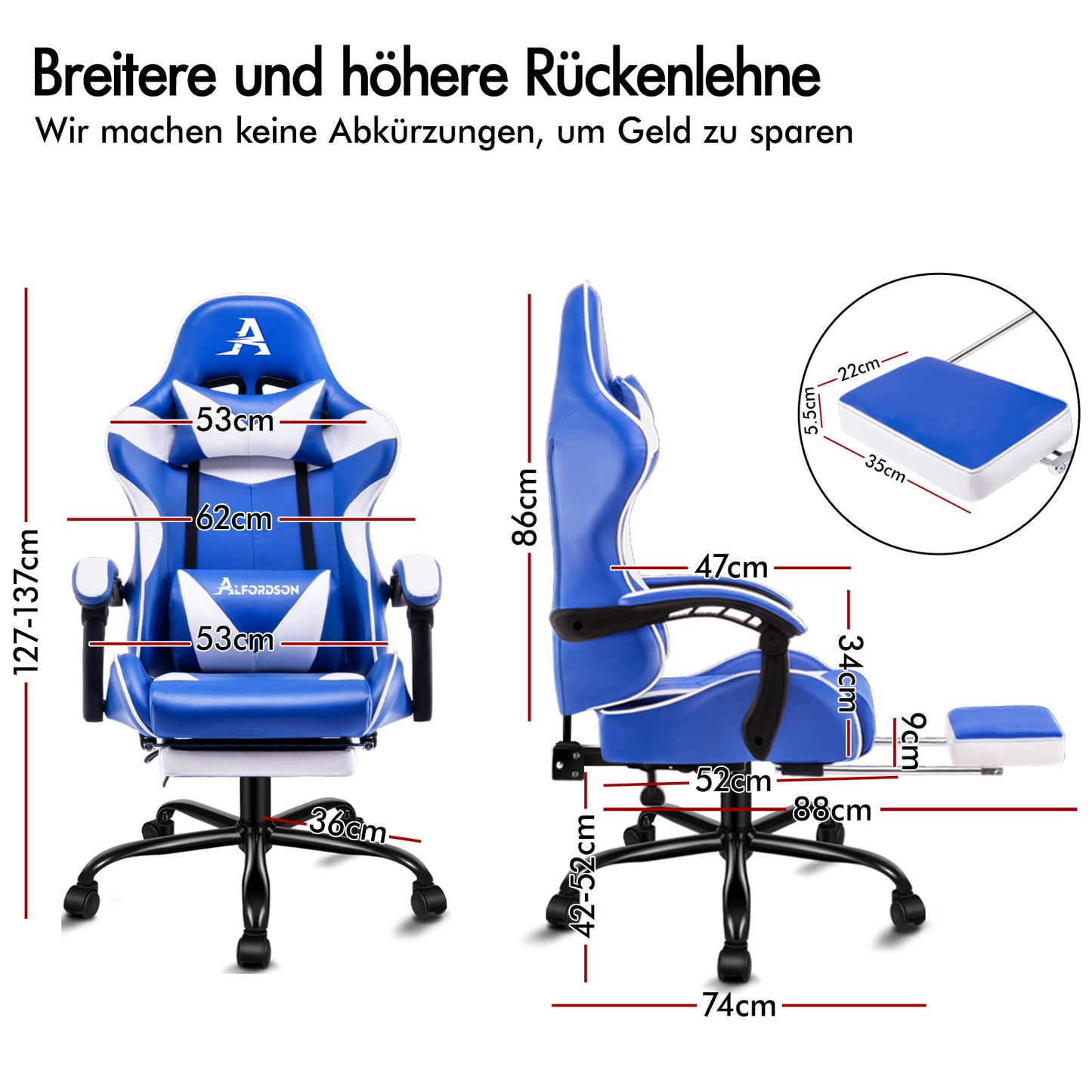 ALFORDSON Gaming Stuhl Bürostuhl Racing Stuhl Fußstütze Sitz PU Leder Weiß Schwarz