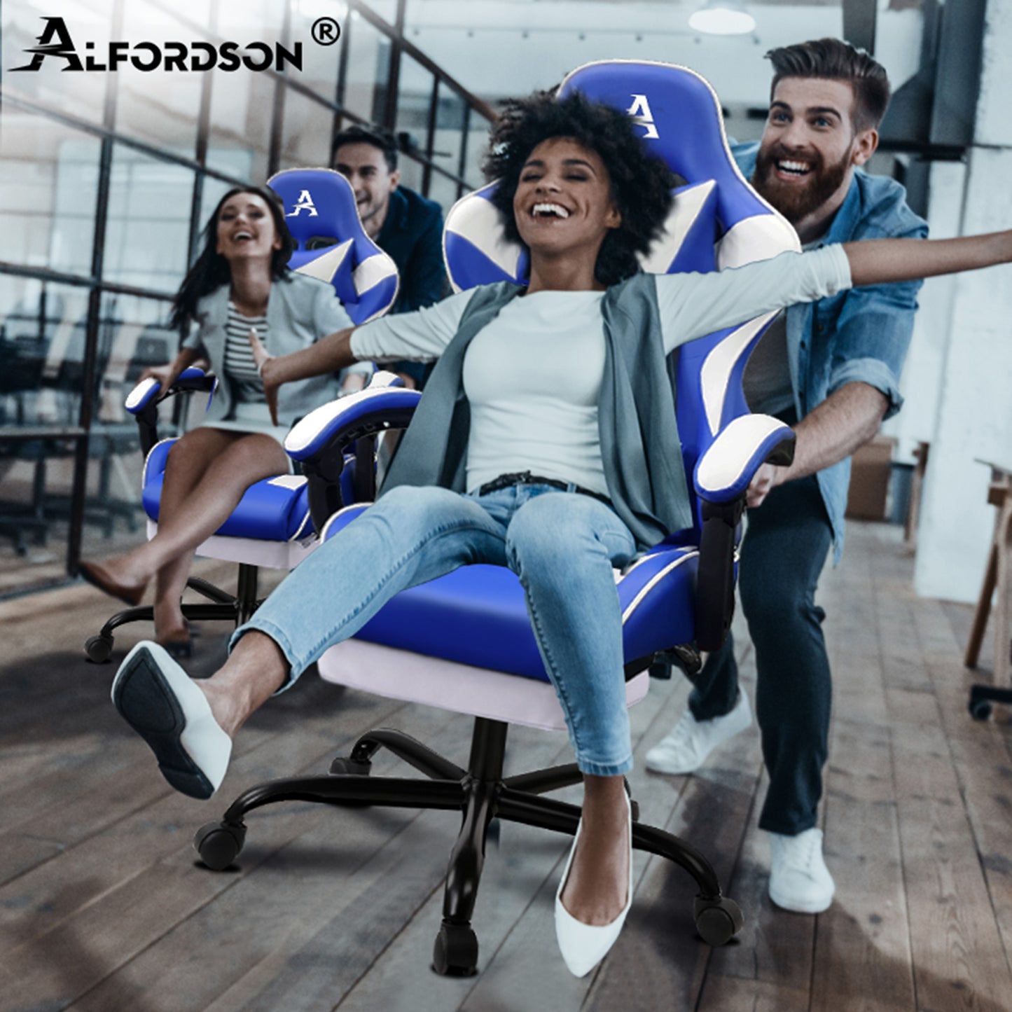 ALFORDSON Gaming Stuhl Bürostuhl Racing Stuhl Fußstütze Sitz PU Leder Weiß Schwarz