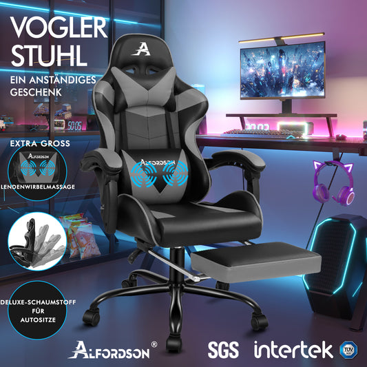 ALFORDSON Gaming Stuhl Bürostuhl Racing Stuhl Fußstütze Sitz PU Leder Grau