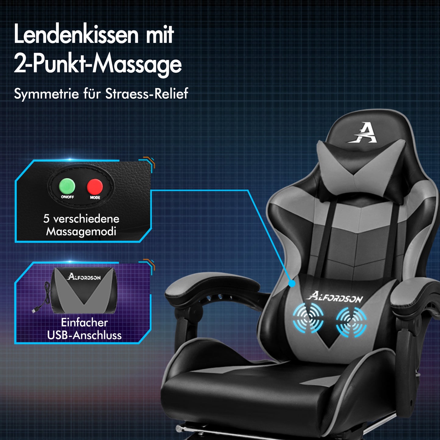 ALFORDSON Gaming Stuhl Bürostuhl Racing Stuhl Fußstütze Sitz PU Leder Grau