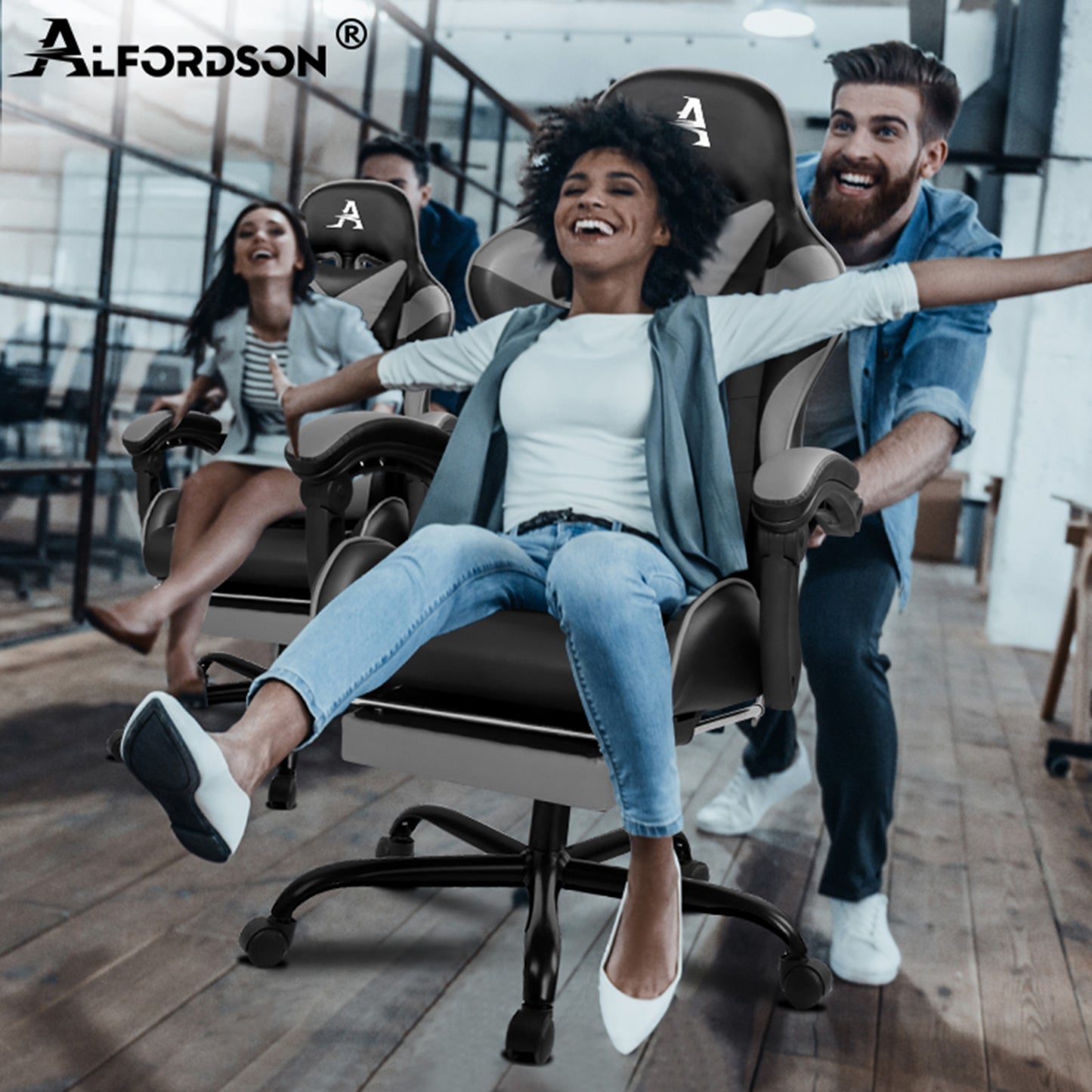 ALFORDSON Gaming Stuhl Bürostuhl Racing Stuhl Fußstütze Sitz PU Leder Grau