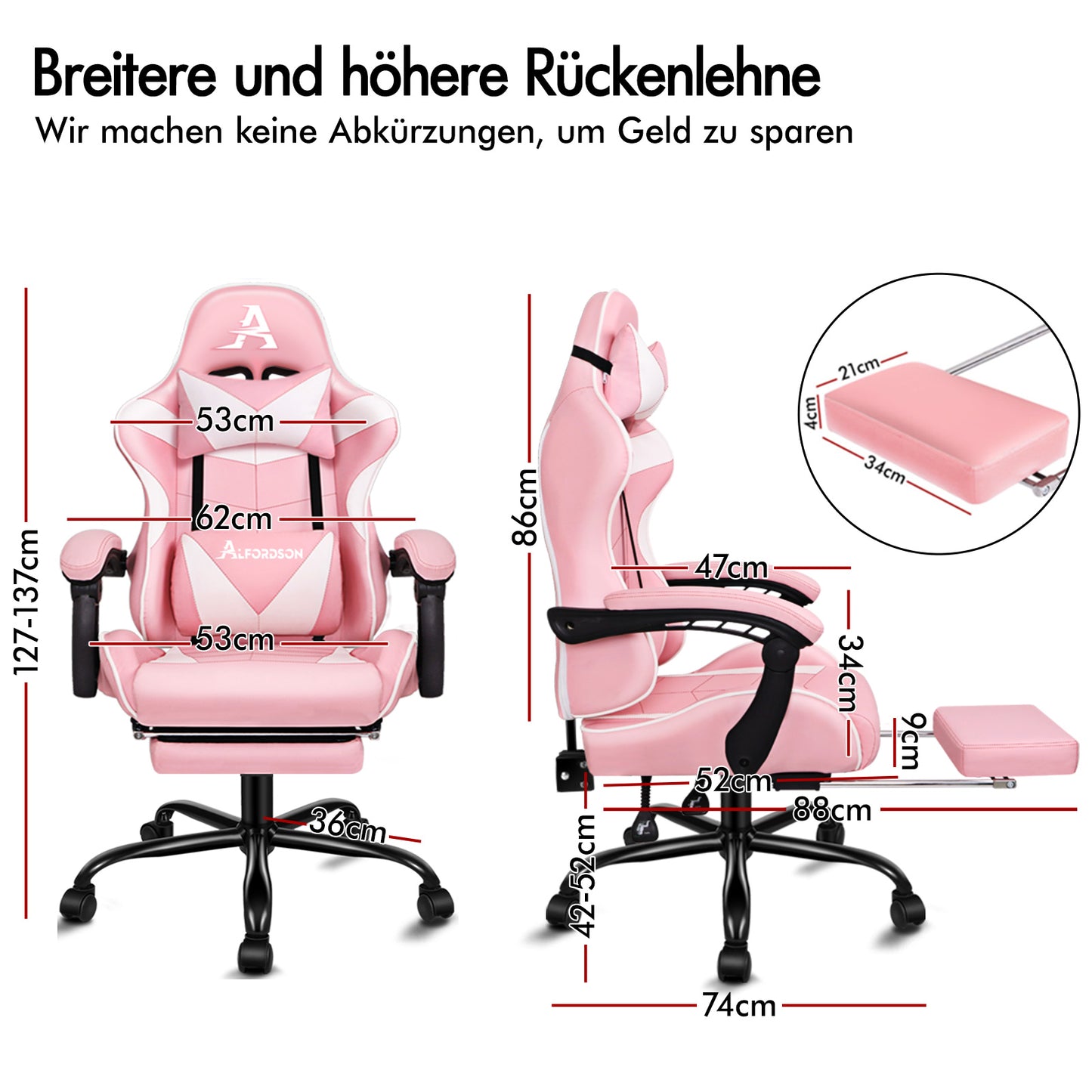 ALFORDSON Gaming Stuhl Bürostuhl Racing Stuhl Fußstütze Sitz PU Leder Rosa