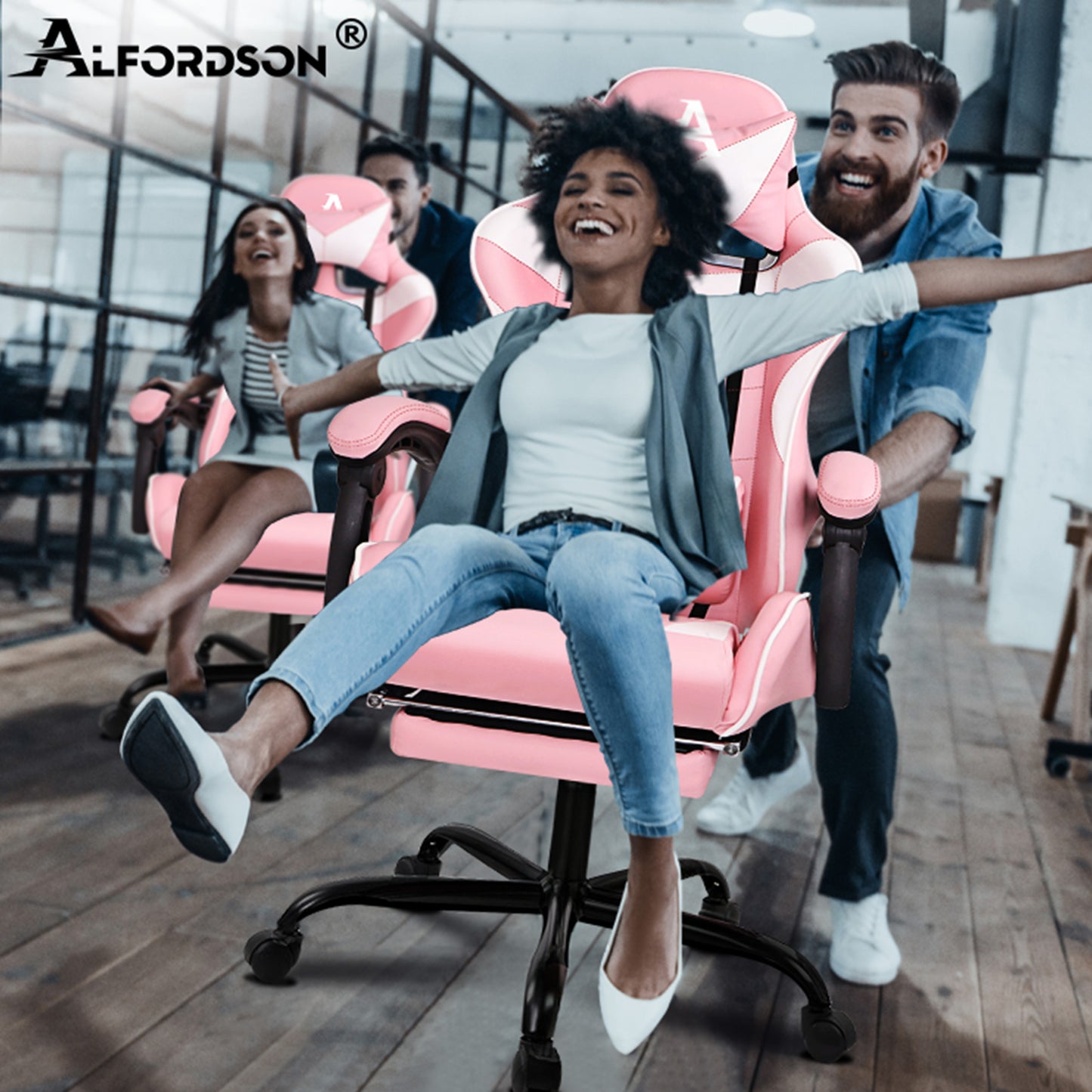 ALFORDSON Gaming Stuhl Bürostuhl Racing Stuhl Fußstütze Sitz PU Leder Rosa