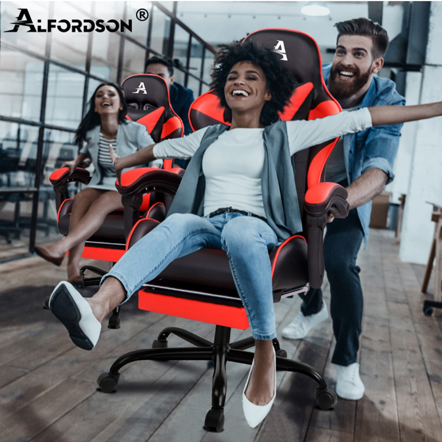 ALFORDSON Gaming Stuhl Bürostuhl Racing Stuhl Fußstütze Sitz PU Leder Rot