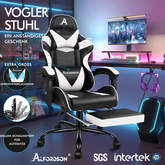 ALFORDSON Gaming Stuhl Bürostuhl Racing Stuhl Fußstütze Sitz PU Leder Weiß