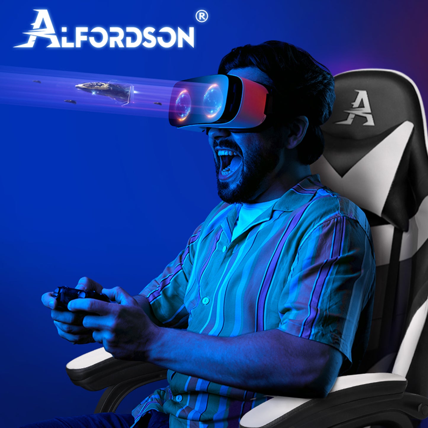 ALFORDSON Gaming Stuhl Bürostuhl Racing Stuhl Fußstütze Sitz PU Leder Weiß