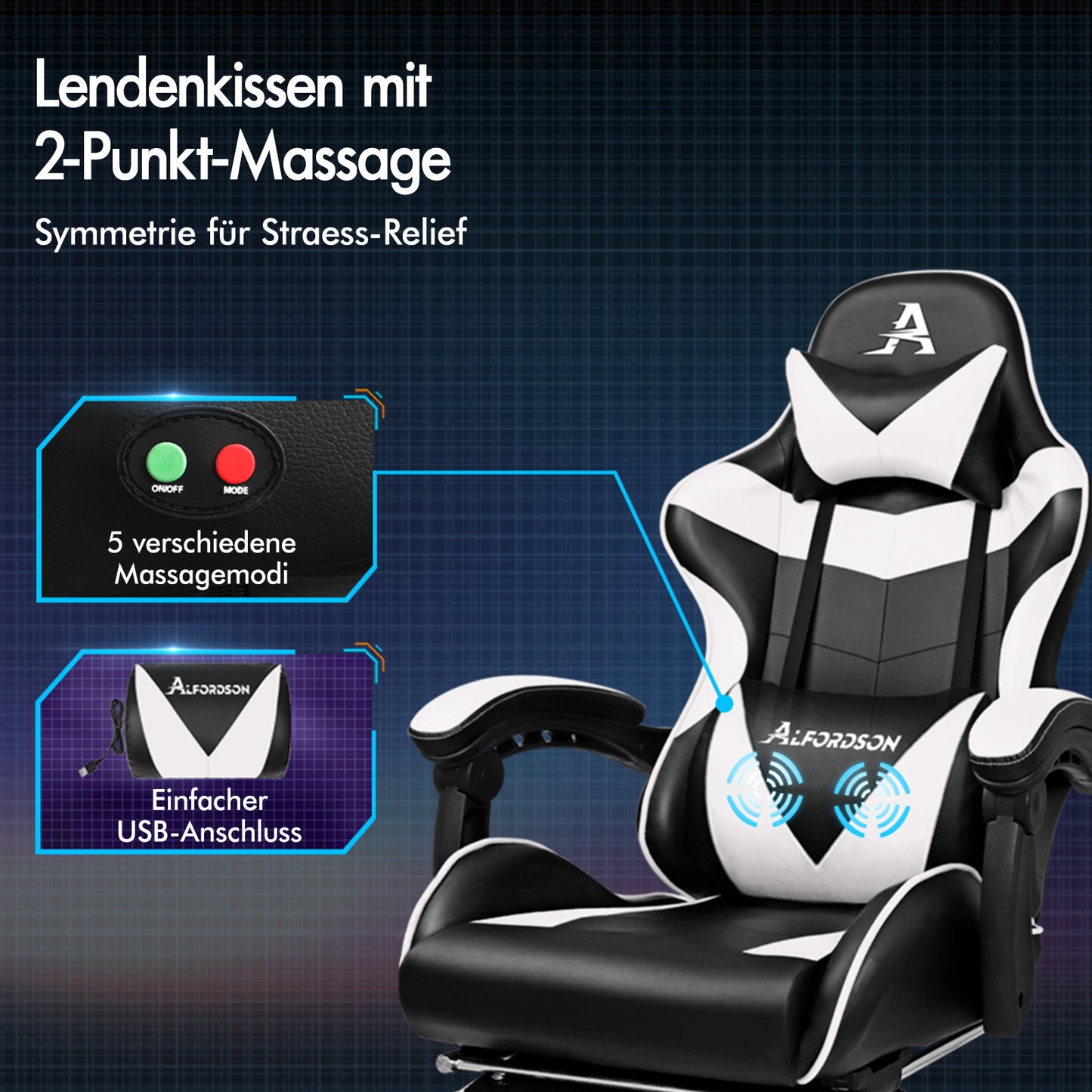 ALFORDSON Gaming Stuhl Bürostuhl Racing Stuhl Fußstütze Sitz PU Leder Weiß