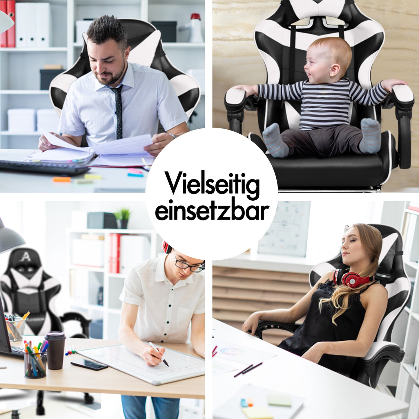 ALFORDSON Gaming Stuhl Bürostuhl Racing Stuhl Fußstütze Sitz PU Leder Weiß