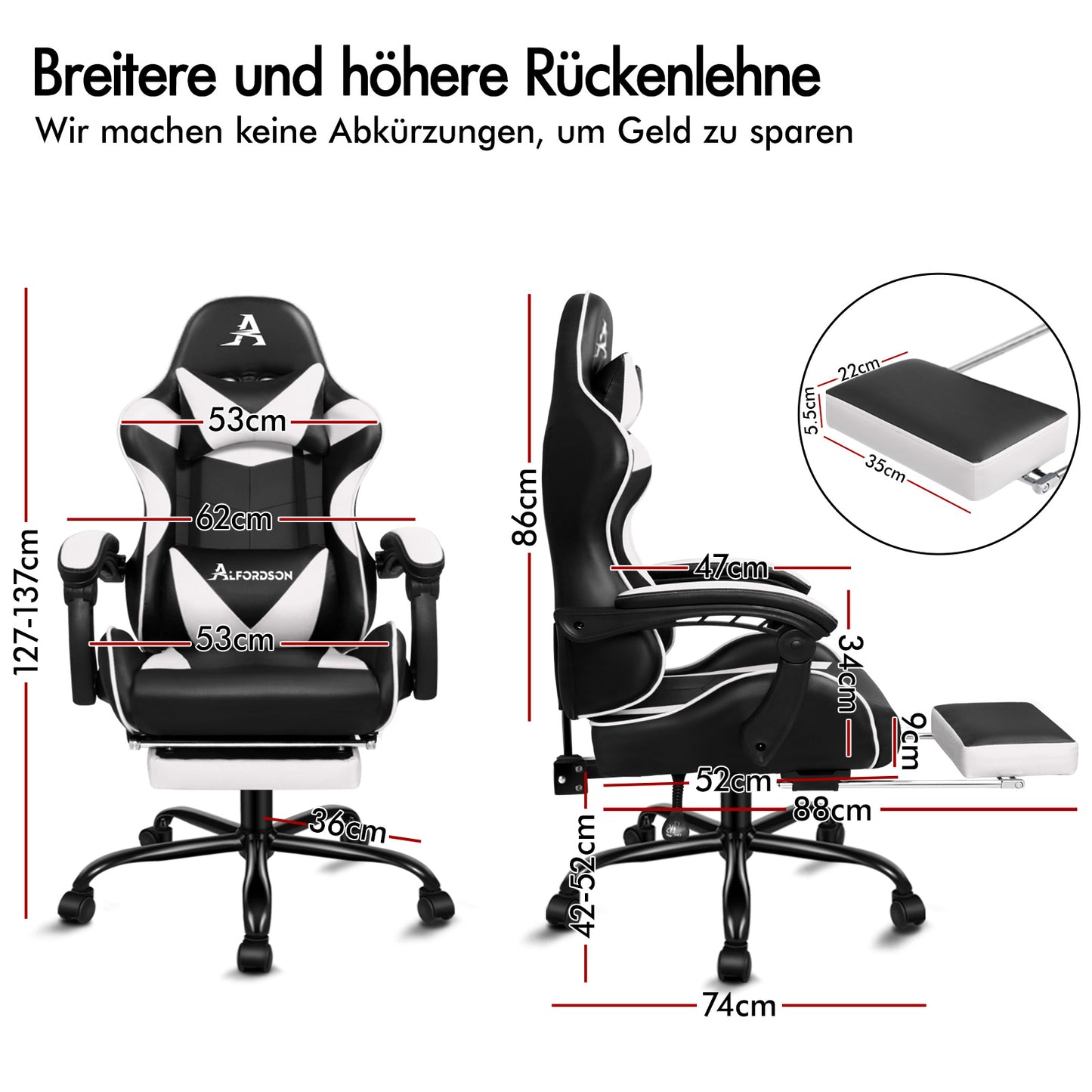 ALFORDSON Gaming Stuhl Bürostuhl Racing Stuhl Fußstütze Sitz PU Leder Weiß