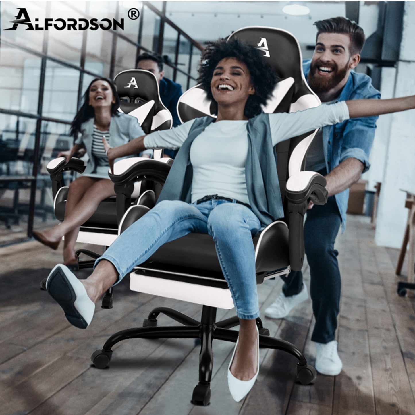 ALFORDSON Gaming Stuhl Bürostuhl Racing Stuhl Fußstütze Sitz PU Leder Weiß