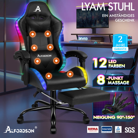 ALFORDSON Gaming Stuhl Büro Massage 12 RGB LED Computer Sitz PU Leder Schwarz
