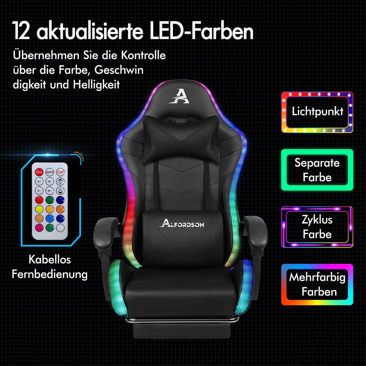ALFORDSON Gaming Stuhl Büro Massage 12 RGB LED Computer Sitz PU Leder Schwarz