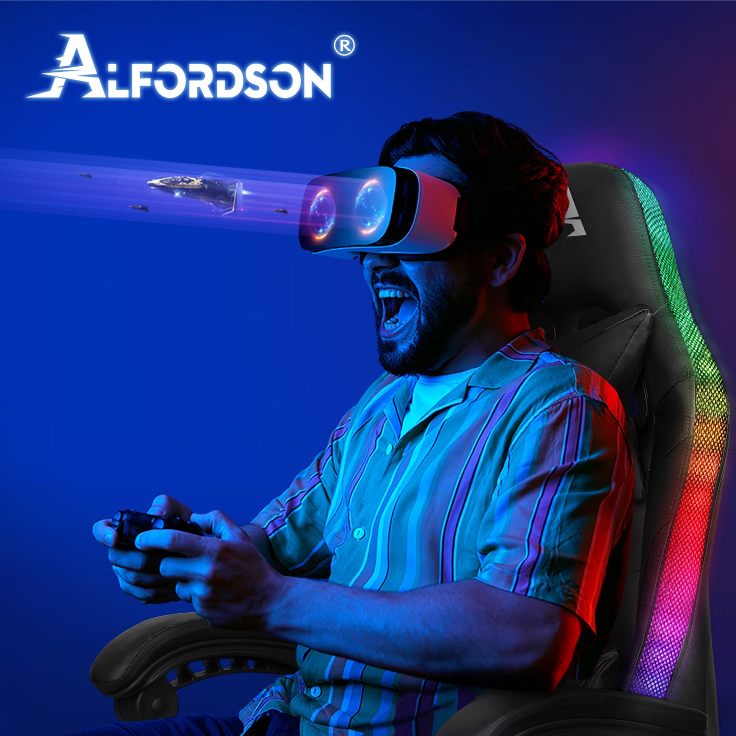 ALFORDSON Gaming Stuhl Büro Massage 12 RGB LED Computer Sitz PU Leder Schwarz