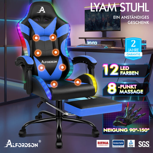 ALFORDSON Gaming Stuhl Büro Massage 12 RGB LED Computer Sitz PU Leder Blau