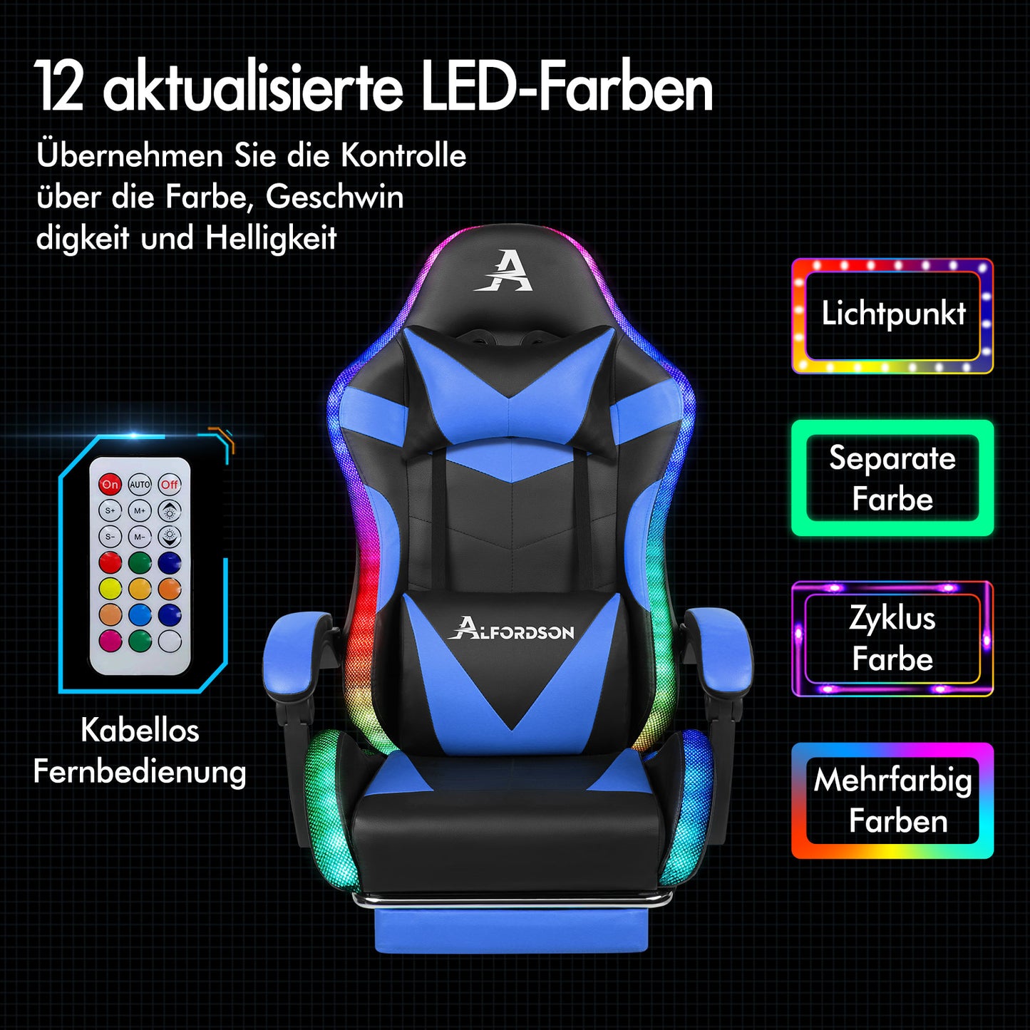 ALFORDSON Gaming Stuhl Büro Massage 12 RGB LED Computer Sitz PU Leder Blau
