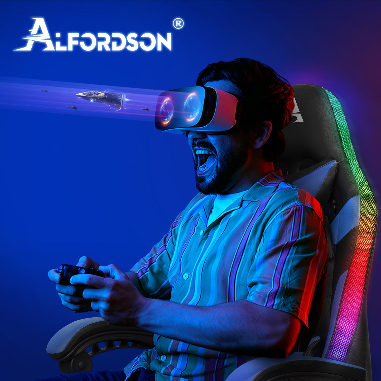 ALFORDSON Gaming Stuhl Büro Massage 12 RGB LED Computer Sitz PU Leder Blau