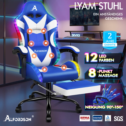 ALFORDSON Gaming Stuhl Büro Massage 12 RGB LED Computer Sitz PU Leder Weiß & Blau