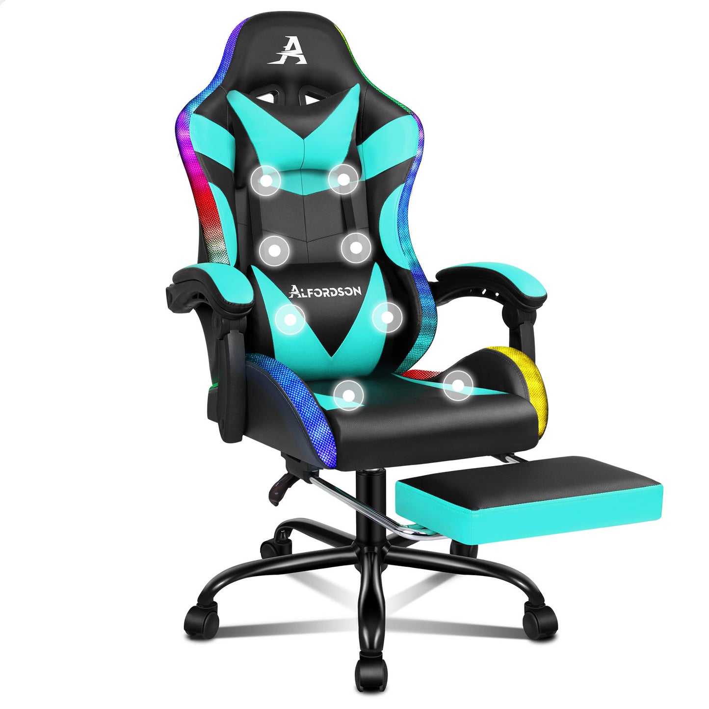 ALFORDSON Gaming Stuhl Büro Massage 12 RGB LED Computer Sitz PU Leder Cyan