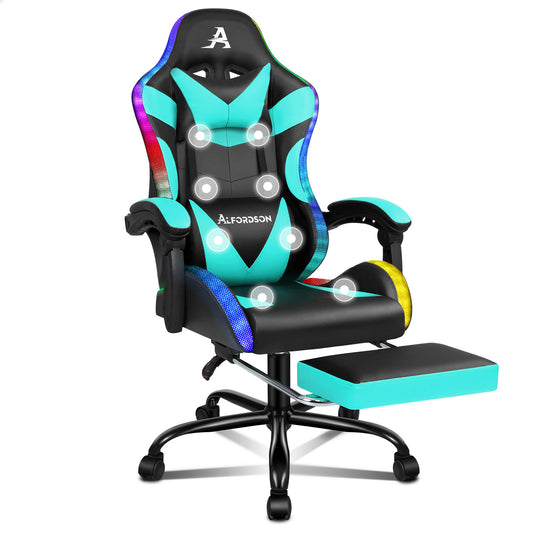 ALFORDSON Gaming Stuhl Büro Massage 12 RGB LED Computer Sitz PU Leder Cyan