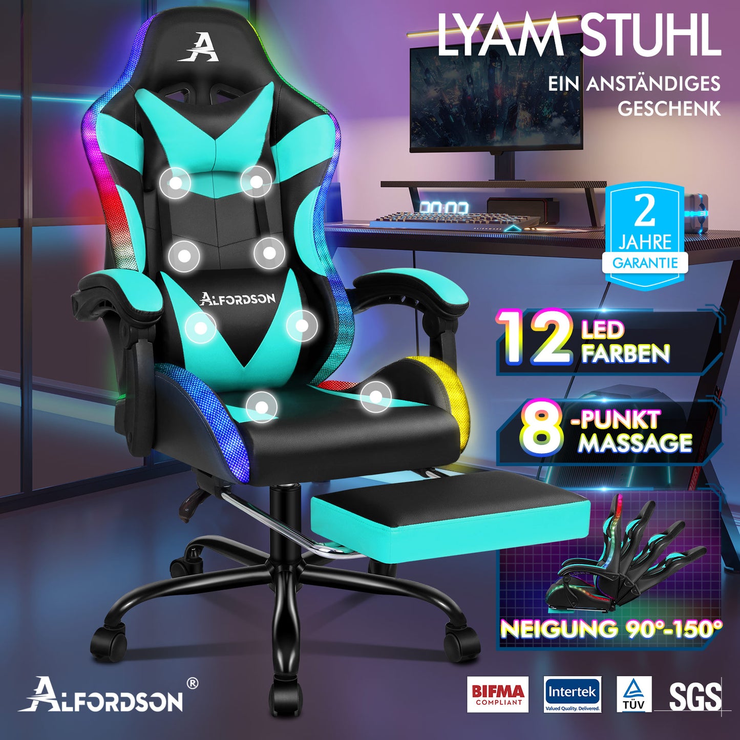ALFORDSON Gaming Stuhl Büro Massage 12 RGB LED Computer Sitz PU Leder Cyan