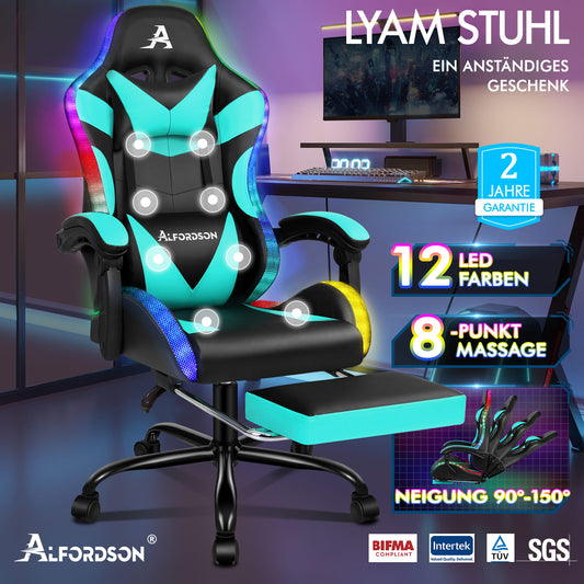 ALFORDSON Gaming Stuhl Büro Massage 12 RGB LED Computer Sitz PU Leder Cyan