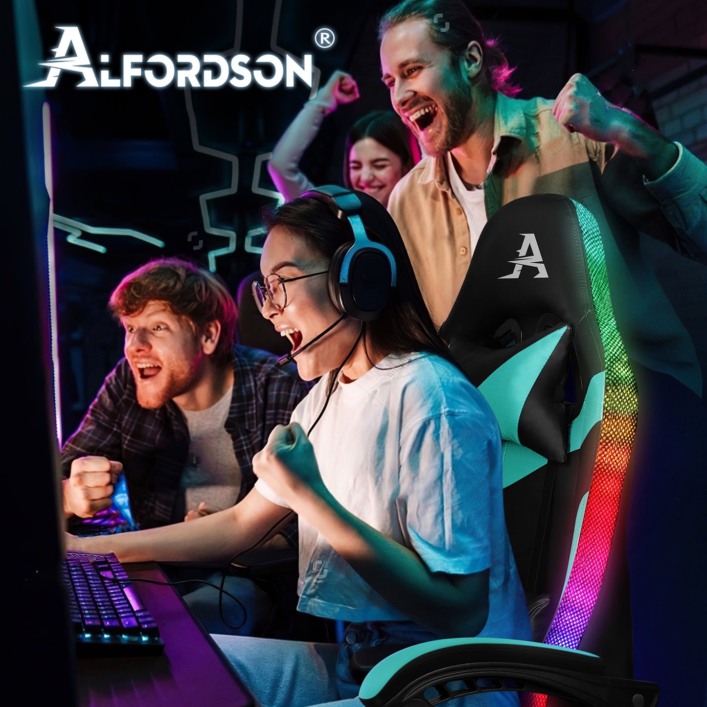 ALFORDSON Gaming Stuhl Büro Massage 12 RGB LED Computer Sitz PU Leder Cyan