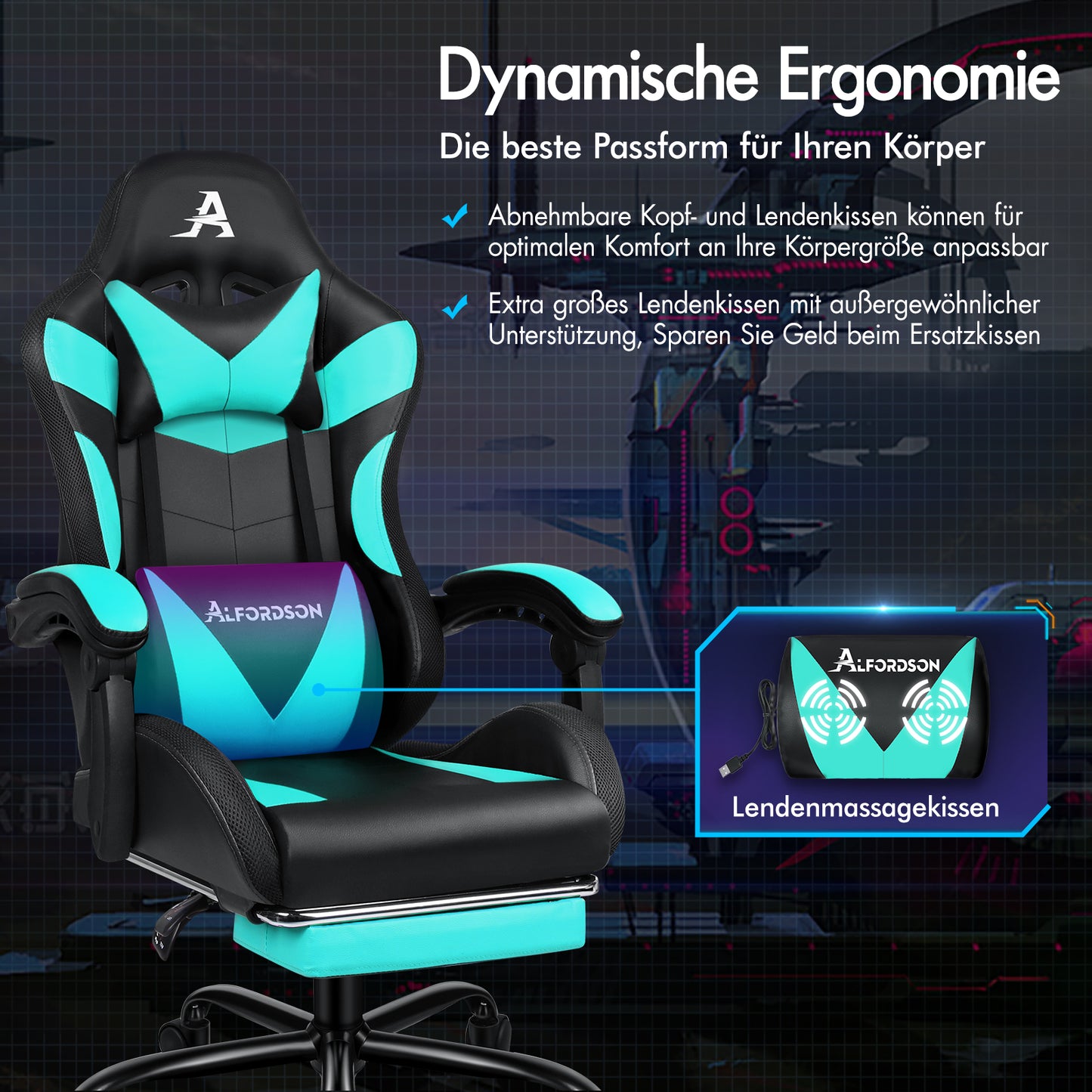 ALFORDSON Gaming Stuhl Büro Massage 12 RGB LED Computer Sitz PU Leder Cyan