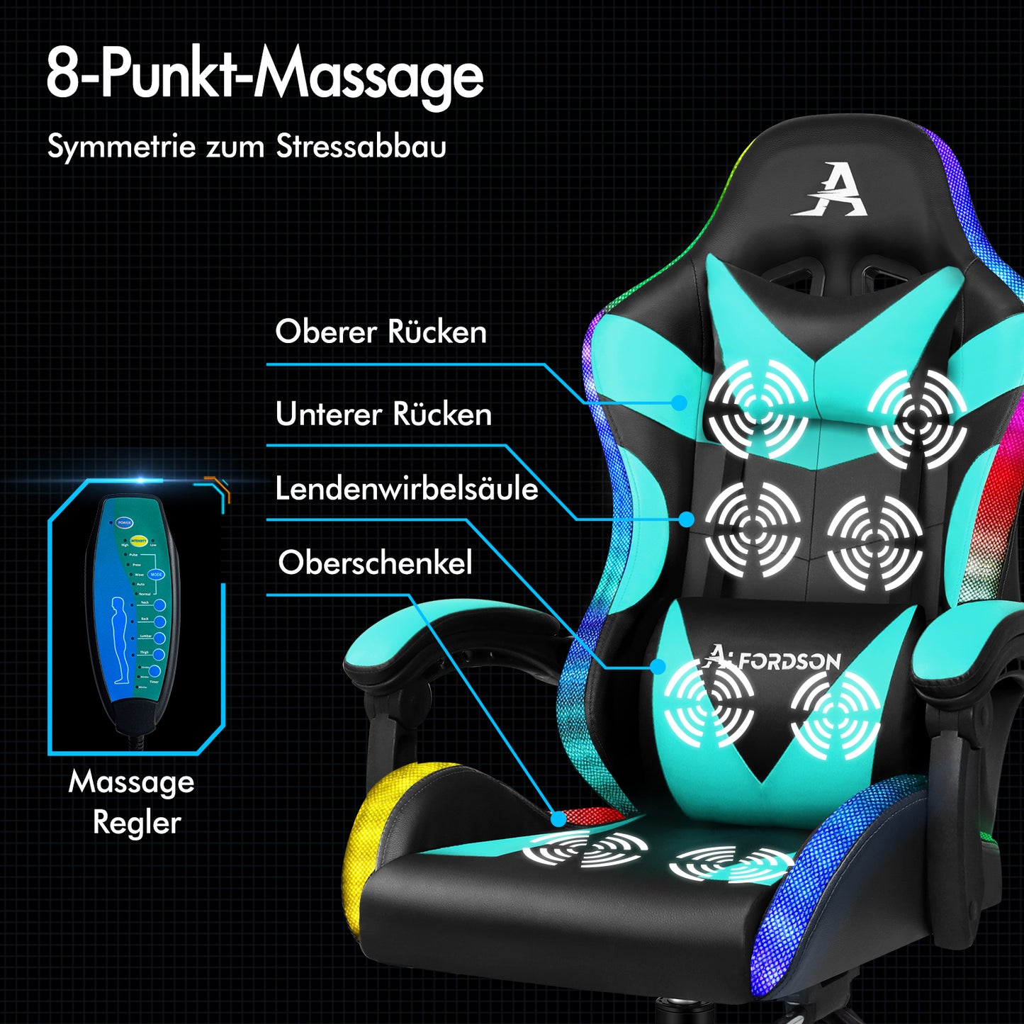 ALFORDSON Gaming Stuhl Büro Massage 12 RGB LED Computer Sitz PU Leder Cyan