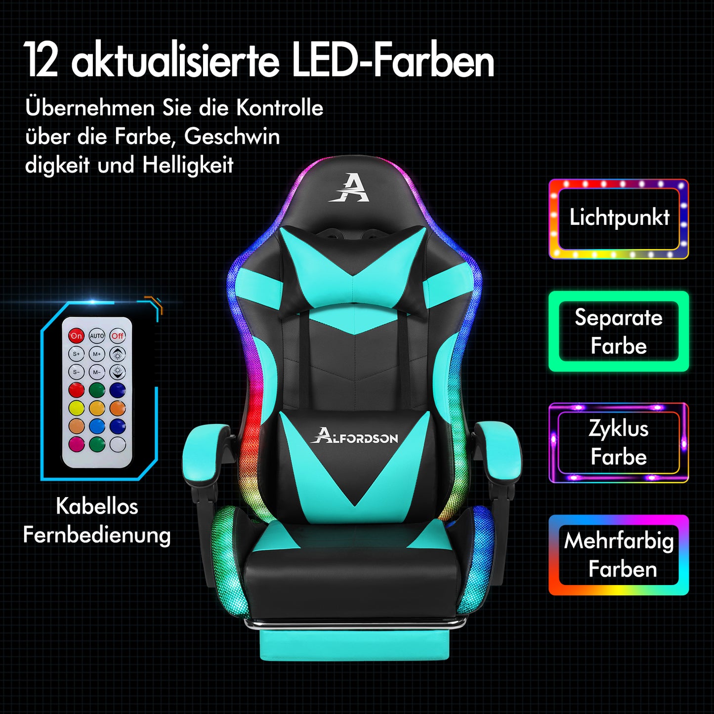 ALFORDSON Gaming Stuhl Büro Massage 12 RGB LED Computer Sitz PU Leder Cyan
