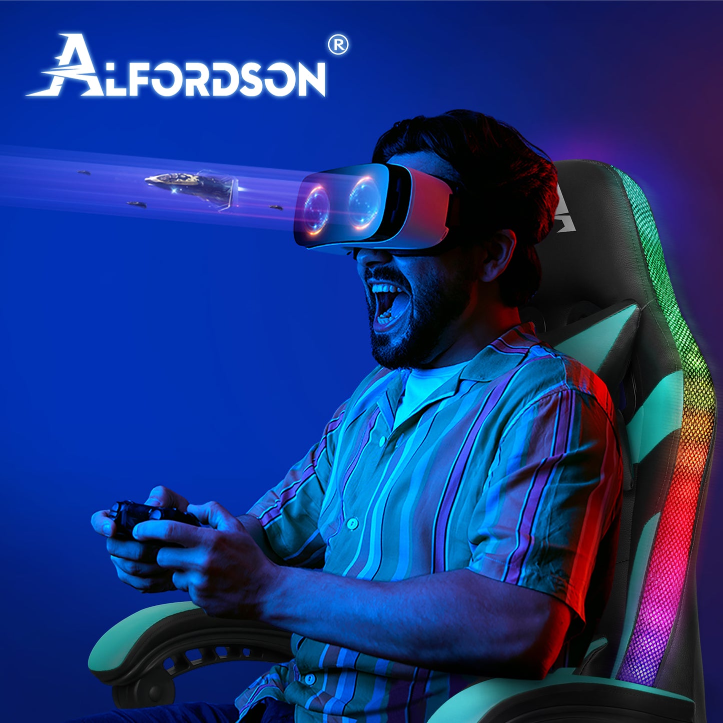 ALFORDSON Gaming Stuhl Büro Massage 12 RGB LED Computer Sitz PU Leder Cyan