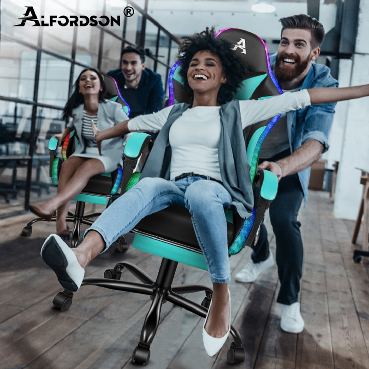 ALFORDSON Gaming Stuhl Büro Massage 12 RGB LED Computer Sitz PU Leder Cyan