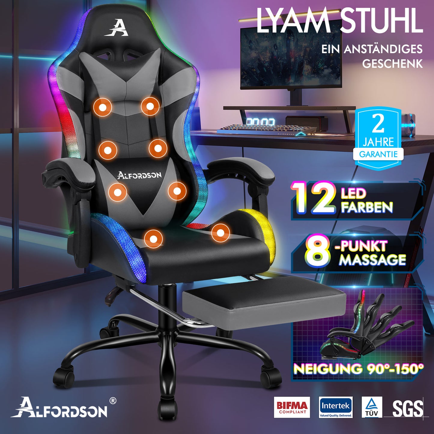 ALFORDSON Gaming Stuhl Büro Massage 12 RGB LED Computer Sitz PU Leder Grau