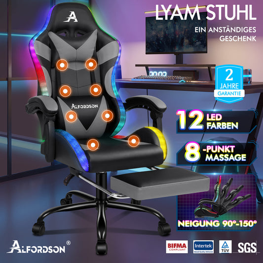 ALFORDSON Gaming Stuhl Büro Massage 12 RGB LED Computer Sitz PU Leder Grau