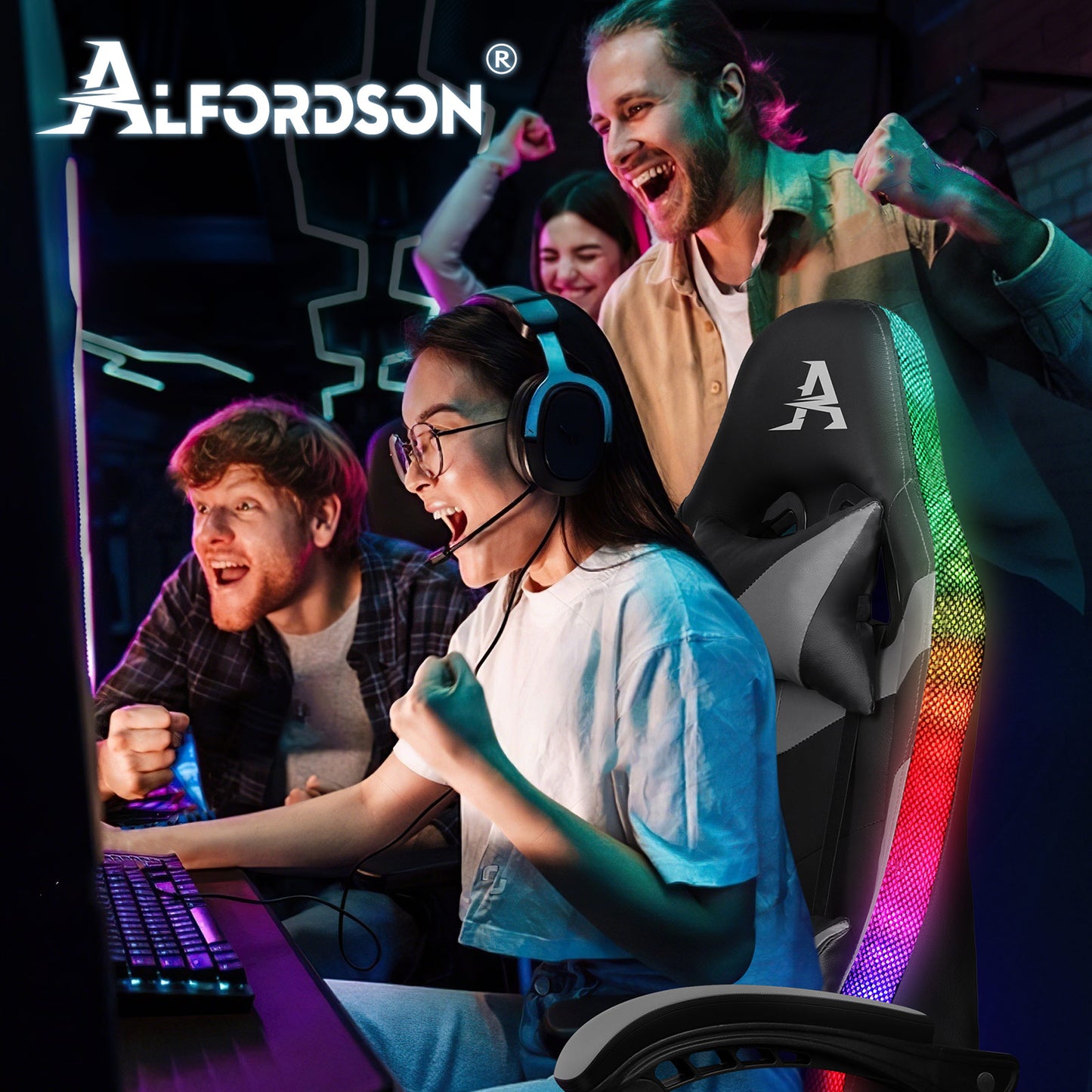 ALFORDSON Gaming Stuhl Büro Massage 12 RGB LED Computer Sitz PU Leder Grau